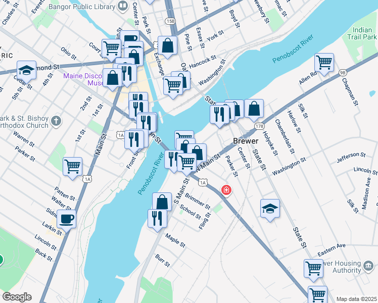 map of restaurants, bars, coffee shops, grocery stores, and more near 1 Union Street in Brewer