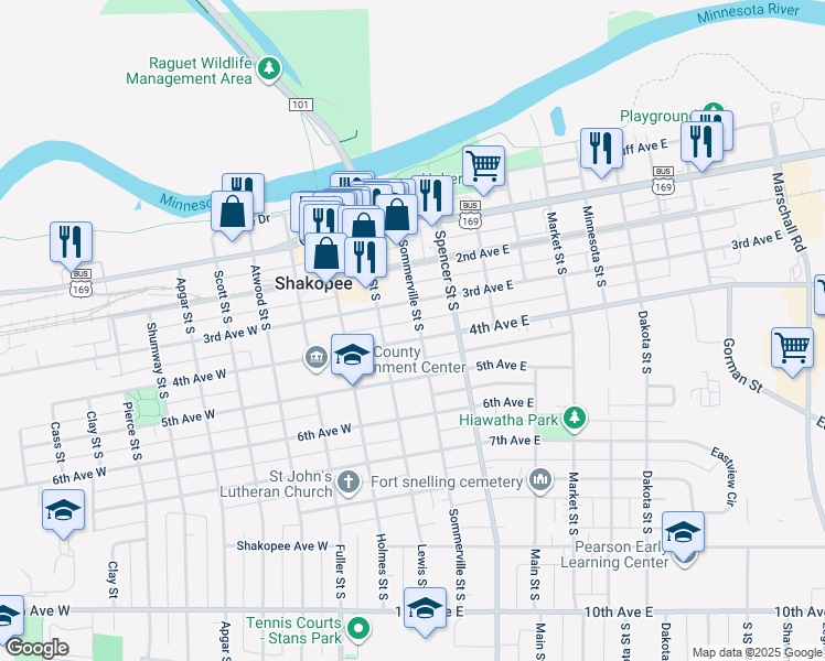 map of restaurants, bars, coffee shops, grocery stores, and more near 350 Sommerville Street South in Shakopee