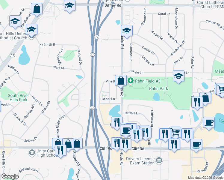 map of restaurants, bars, coffee shops, grocery stores, and more near 4538 Villa Parkway in Eagan