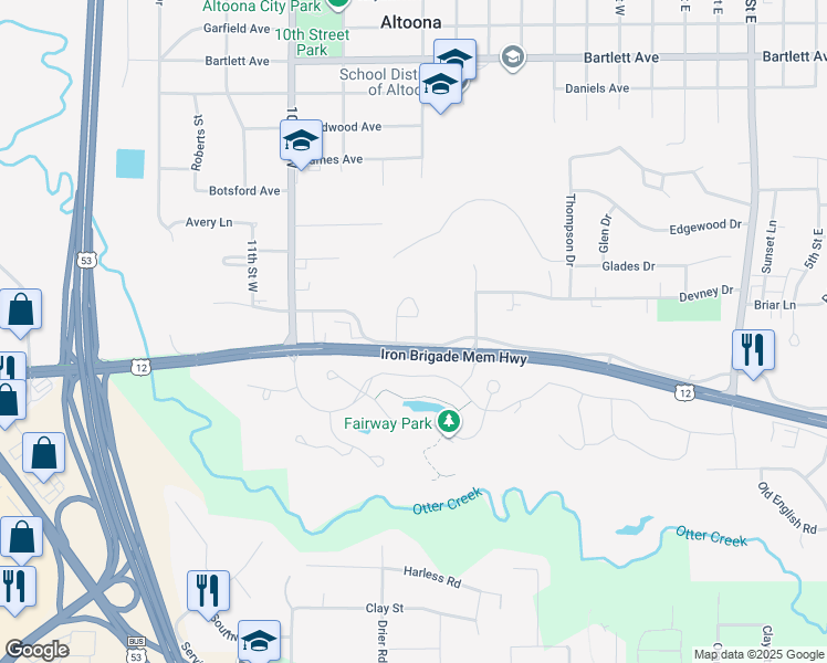 map of restaurants, bars, coffee shops, grocery stores, and more near 2104 North Hillcrest Parkway in Altoona