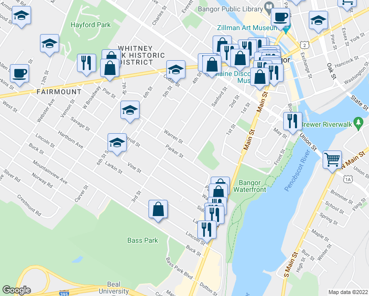 map of restaurants, bars, coffee shops, grocery stores, and more near 195 Warren Street in Bangor