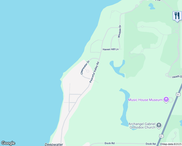 map of restaurants, bars, coffee shops, grocery stores, and more near 7338-7424 Peaceful Valley Road in Williamsburg