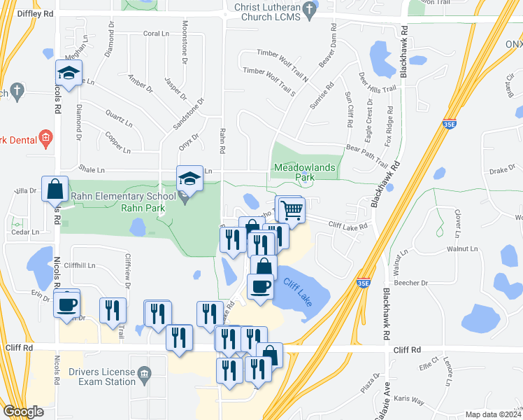 map of restaurants, bars, coffee shops, grocery stores, and more near 4416 Jan Echo Trail in Eagan