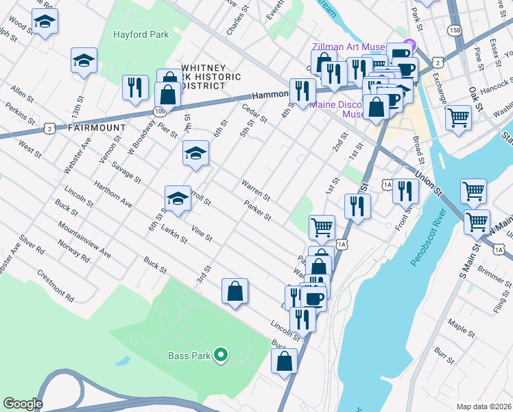 map of restaurants, bars, coffee shops, grocery stores, and more near 151 3rd Street in Bangor