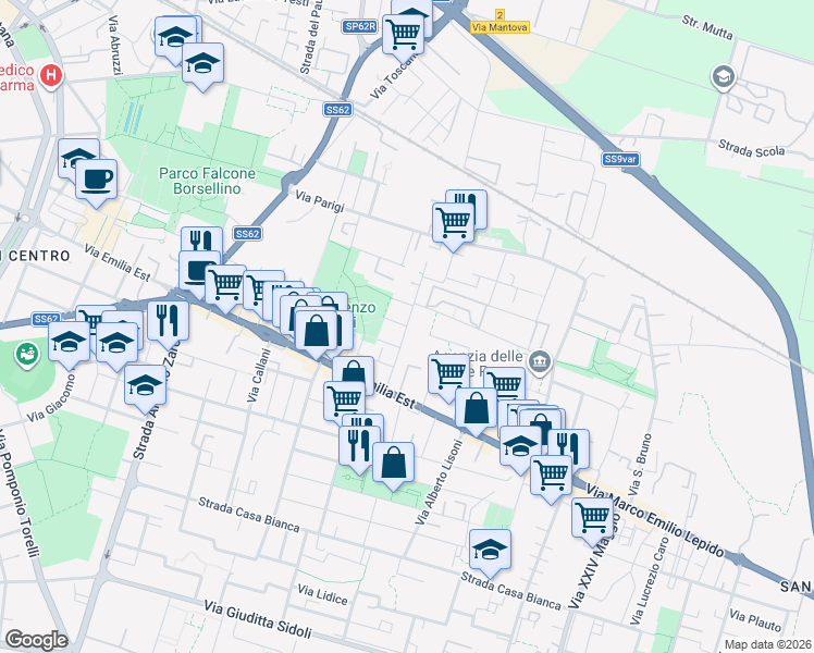 map of restaurants, bars, coffee shops, grocery stores, and more near 12-14 Via Scarabelli Zunti in Parma