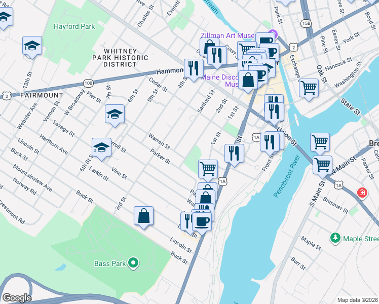 map of restaurants, bars, coffee shops, grocery stores, and more near 216 Warren Street in Bangor