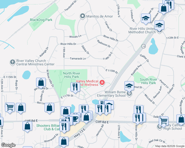 map of restaurants, bars, coffee shops, grocery stores, and more near 11516 22nd Avenue South in Burnsville