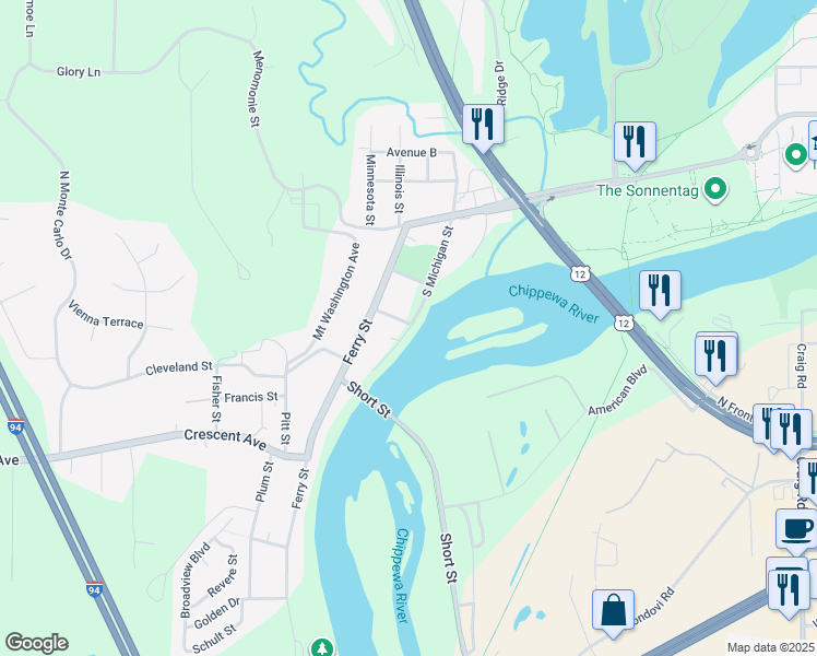 map of restaurants, bars, coffee shops, grocery stores, and more near 310 South Michigan Street in Eau Claire