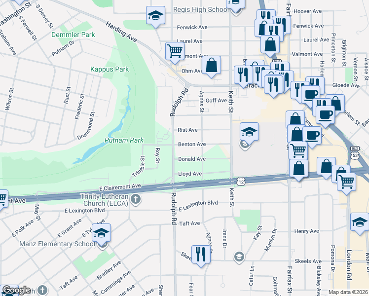 map of restaurants, bars, coffee shops, grocery stores, and more near 1621 Benton Avenue in Eau Claire