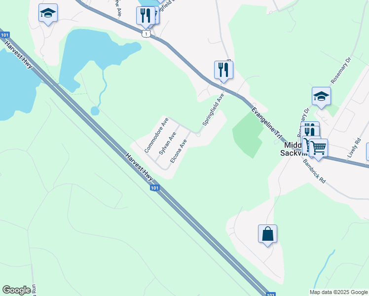 map of restaurants, bars, coffee shops, grocery stores, and more near 26 Elcona Avenue in Middle Sackville