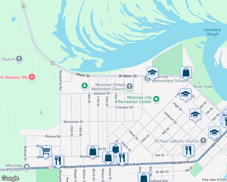 map of restaurants, bars, coffee shops, grocery stores, and more near 1503 Jackson Street in Mosinee