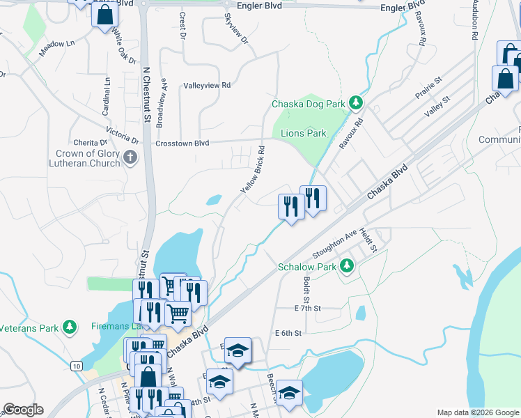 map of restaurants, bars, coffee shops, grocery stores, and more near 2880 Chaska Blvd in Chaska