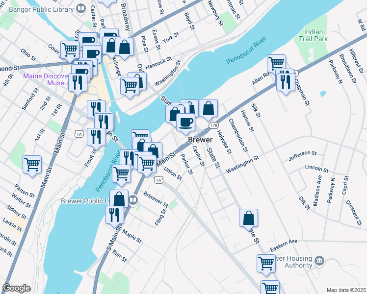 map of restaurants, bars, coffee shops, grocery stores, and more near 185 N Main St in Brewer