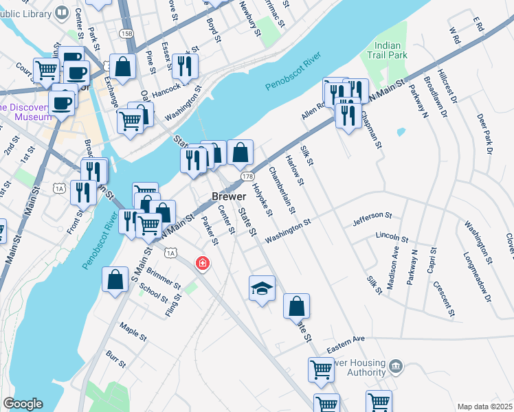 map of restaurants, bars, coffee shops, grocery stores, and more near 50 State Street in Brewer