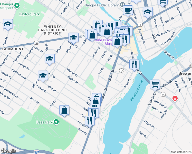 map of restaurants, bars, coffee shops, grocery stores, and more near 101 1st Street in Bangor