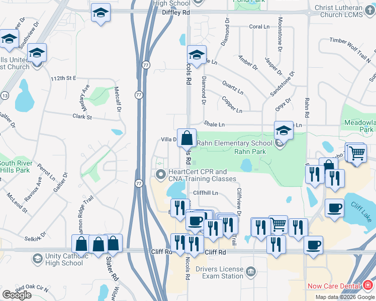 map of restaurants, bars, coffee shops, grocery stores, and more near 4542 Villa Parkway in Eagan