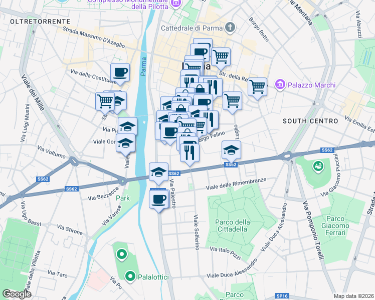 map of restaurants, bars, coffee shops, grocery stores, and more near 92/c Strada Luigi Carlo Farini in Parma