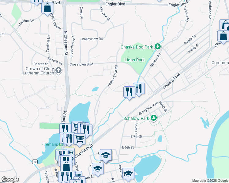 map of restaurants, bars, coffee shops, grocery stores, and more near 430 Yellow Brick Circle in Chaska