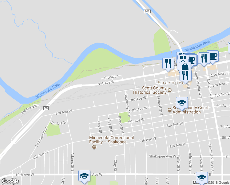 map of restaurants, bars, coffee shops, grocery stores, and more near 1006 2nd Avenue West in Shakopee