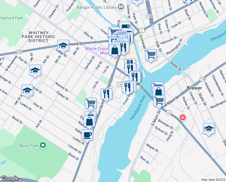 map of restaurants, bars, coffee shops, grocery stores, and more near 55 Summer Street in Bangor