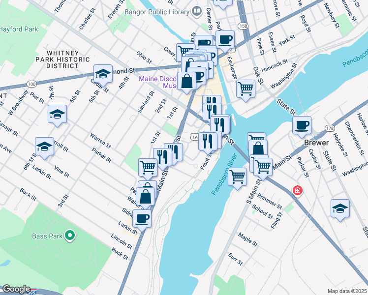 map of restaurants, bars, coffee shops, grocery stores, and more near 55 Summer Street in Bangor