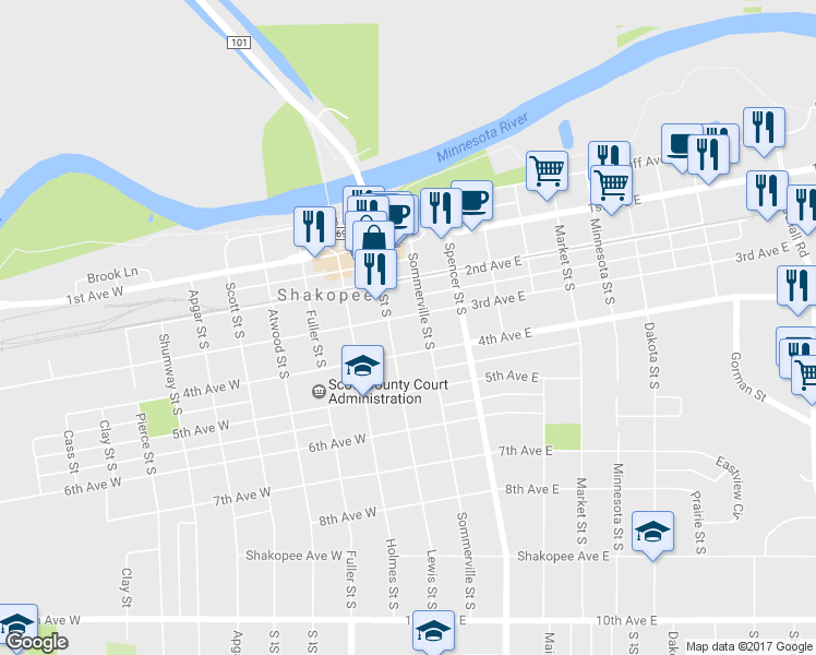 map of restaurants, bars, coffee shops, grocery stores, and more near 350 Sommerville Street South in Shakopee