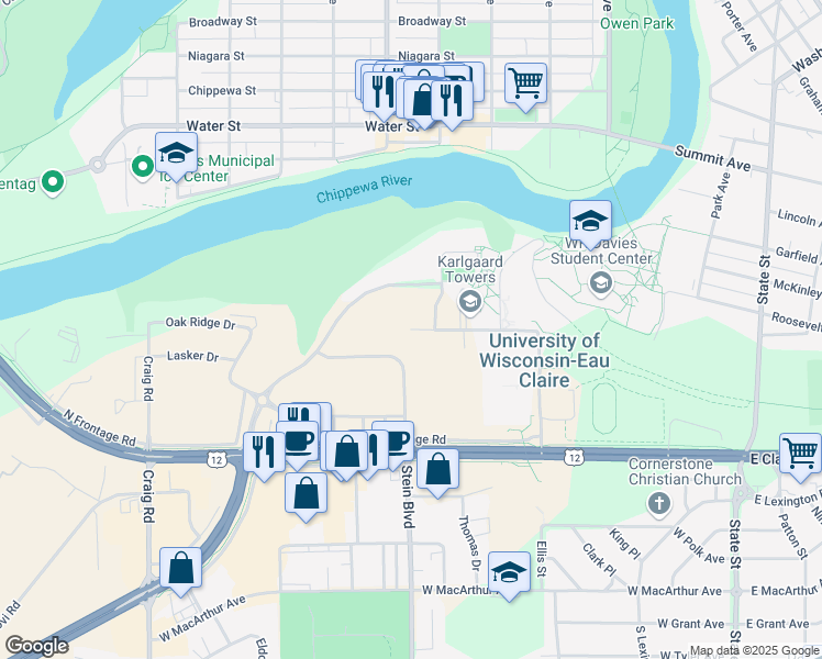 map of restaurants, bars, coffee shops, grocery stores, and more near University Drive in Eau Claire