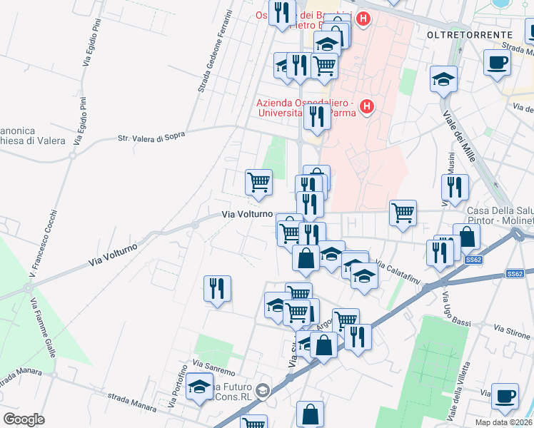 map of restaurants, bars, coffee shops, grocery stores, and more near 13-17 Largo Luchino Visconti in Parma