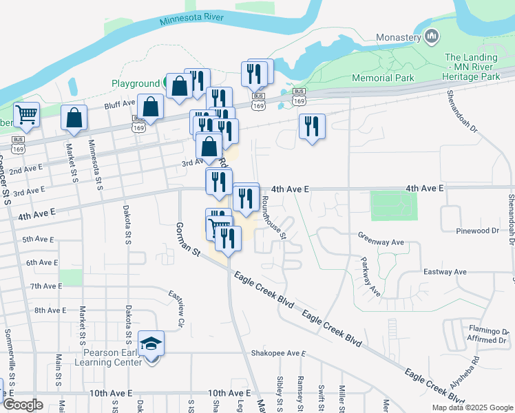 map of restaurants, bars, coffee shops, grocery stores, and more near 468 Roundhouse Street in Shakopee