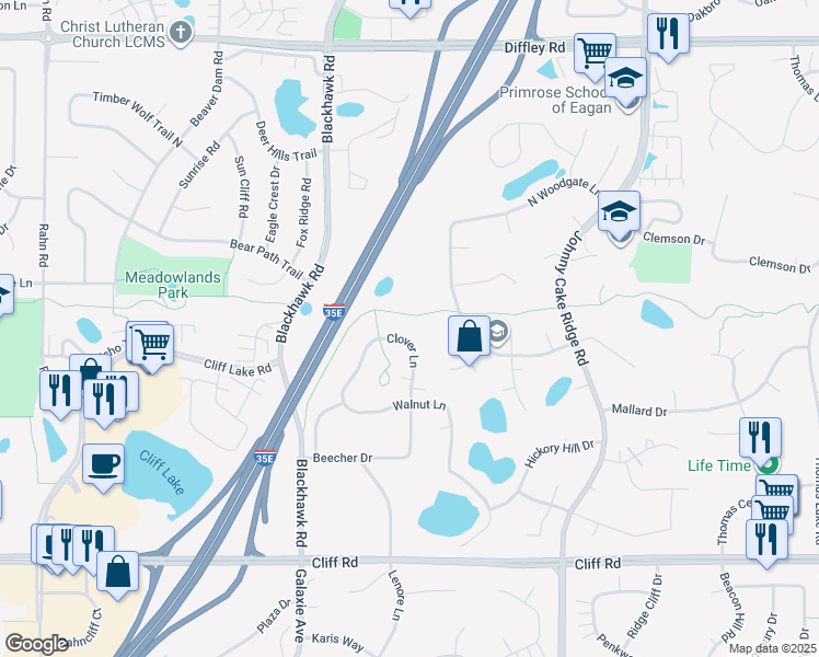 map of restaurants, bars, coffee shops, grocery stores, and more near 4443 Clover Lane in Eagan