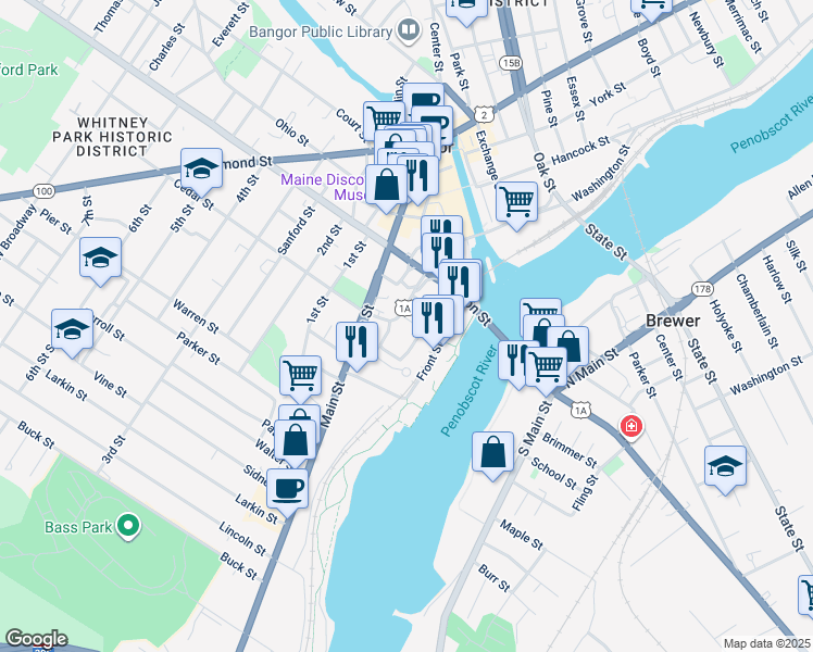 map of restaurants, bars, coffee shops, grocery stores, and more near 40 Summer Street in Bangor