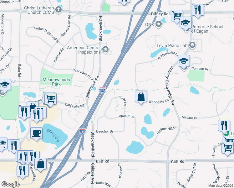 map of restaurants, bars, coffee shops, grocery stores, and more near 4455 Clover Lane in Eagan