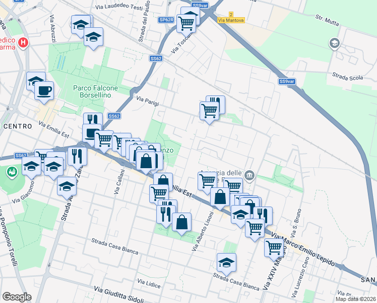 map of restaurants, bars, coffee shops, grocery stores, and more near 12-14 Via Scarabelli Zunti in Parma