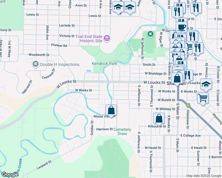 map of restaurants, bars, coffee shops, grocery stores, and more near 135 Griffith Avenue in Sheridan