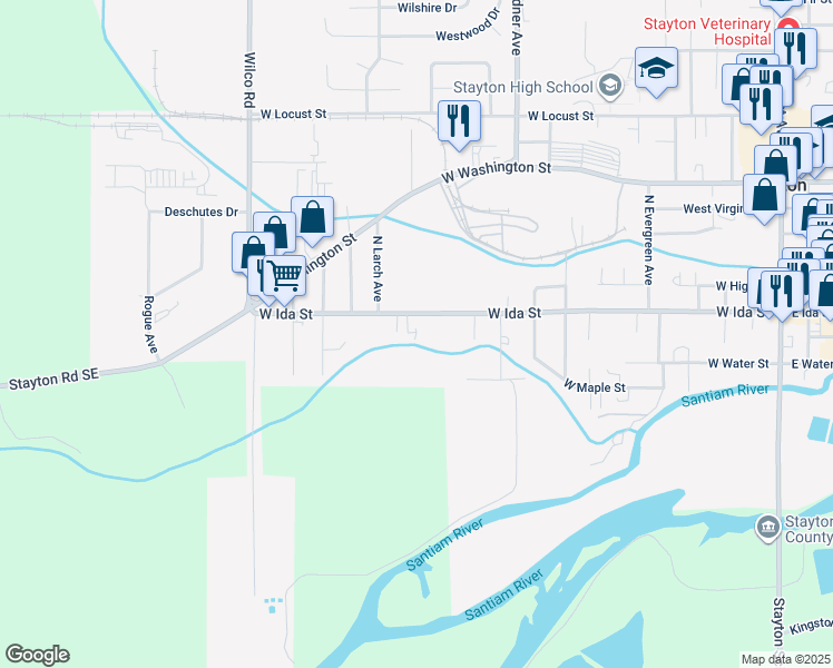 map of restaurants, bars, coffee shops, grocery stores, and more near 1300 West Ida Street in Stayton