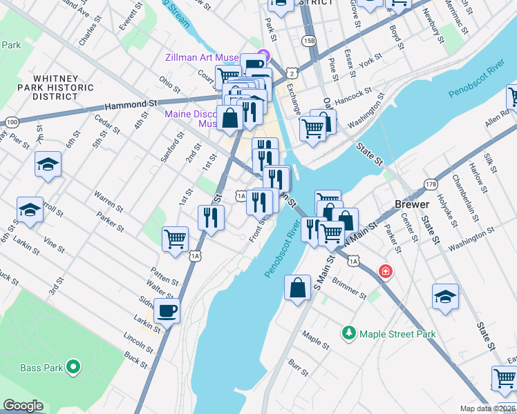map of restaurants, bars, coffee shops, grocery stores, and more near 88 Front Street in Bangor