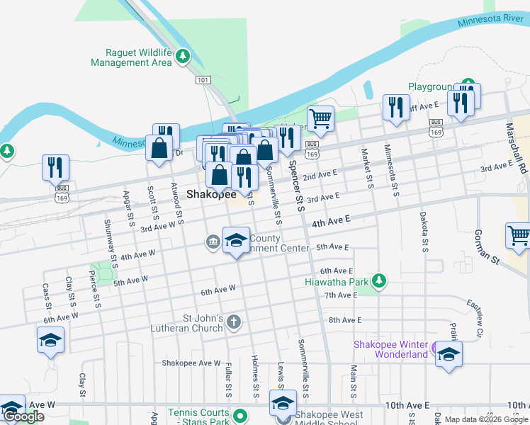 map of restaurants, bars, coffee shops, grocery stores, and more near 350 Sommerville Street South in Shakopee