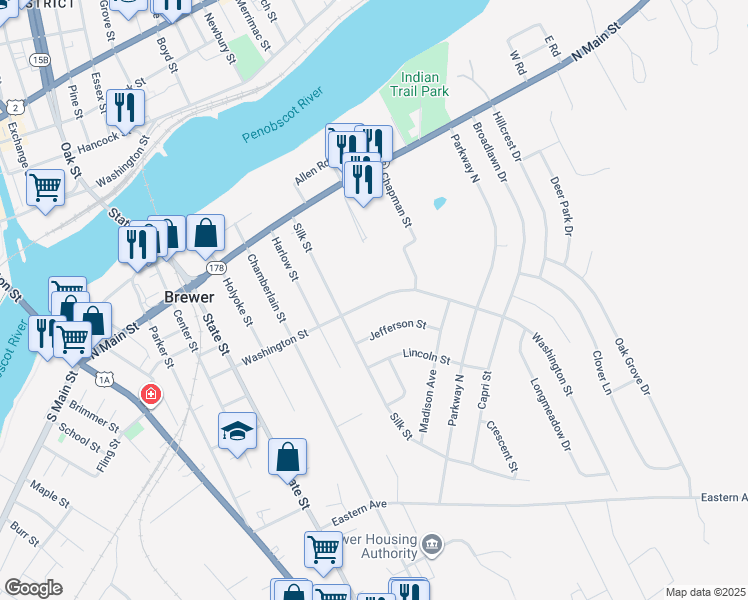 map of restaurants, bars, coffee shops, grocery stores, and more near 100 Washington Street in Brewer