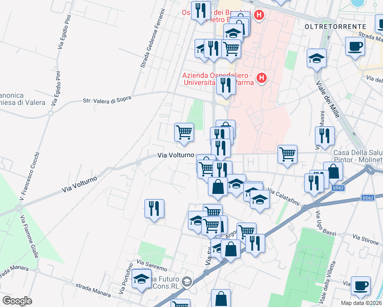 map of restaurants, bars, coffee shops, grocery stores, and more near 17 Largo Luchino Visconti in Parma