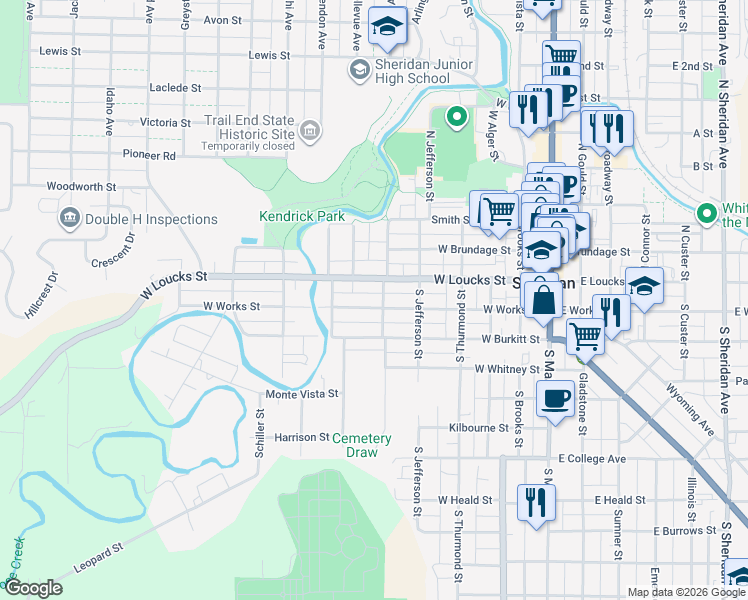 map of restaurants, bars, coffee shops, grocery stores, and more near 516 West Works Street in Sheridan