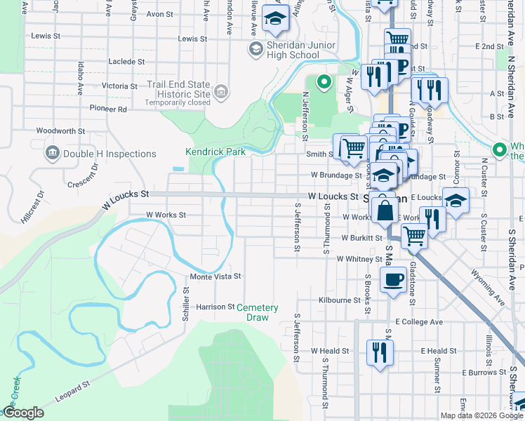map of restaurants, bars, coffee shops, grocery stores, and more near 516 West Works Street in Sheridan