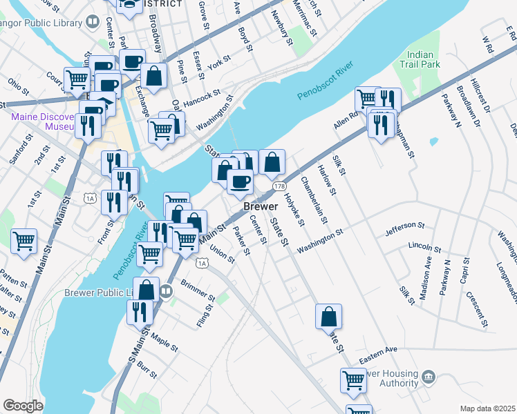 map of restaurants, bars, coffee shops, grocery stores, and more near in Brewer