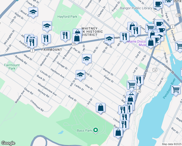 map of restaurants, bars, coffee shops, grocery stores, and more near 170 5th Street in Bangor
