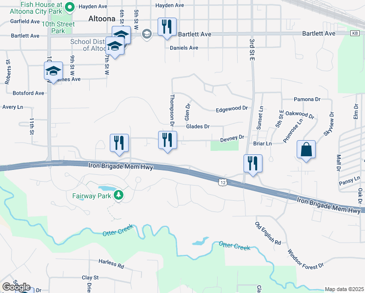 map of restaurants, bars, coffee shops, grocery stores, and more near 1420 North Hillcrest Parkway in Altoona
