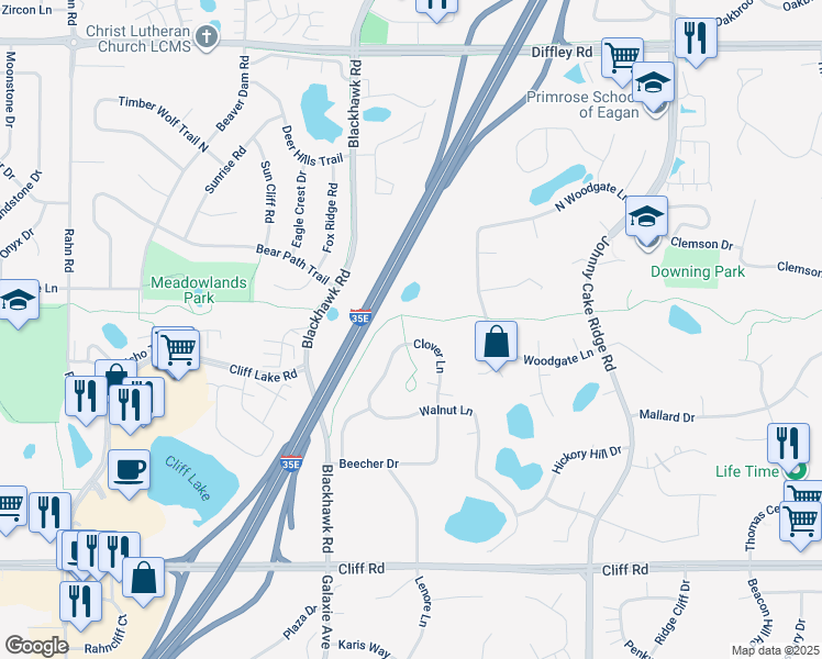 map of restaurants, bars, coffee shops, grocery stores, and more near 4455 Clover Lane in Eagan