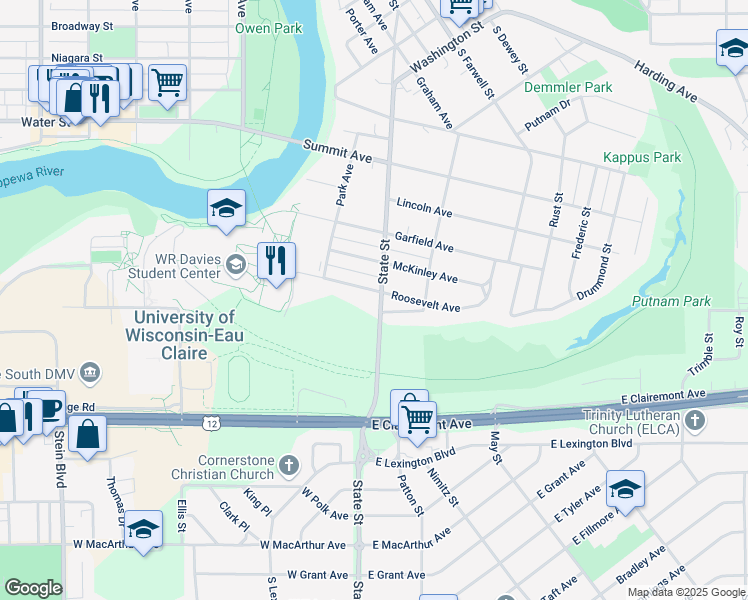 map of restaurants, bars, coffee shops, grocery stores, and more near 1806 State Street in Eau Claire