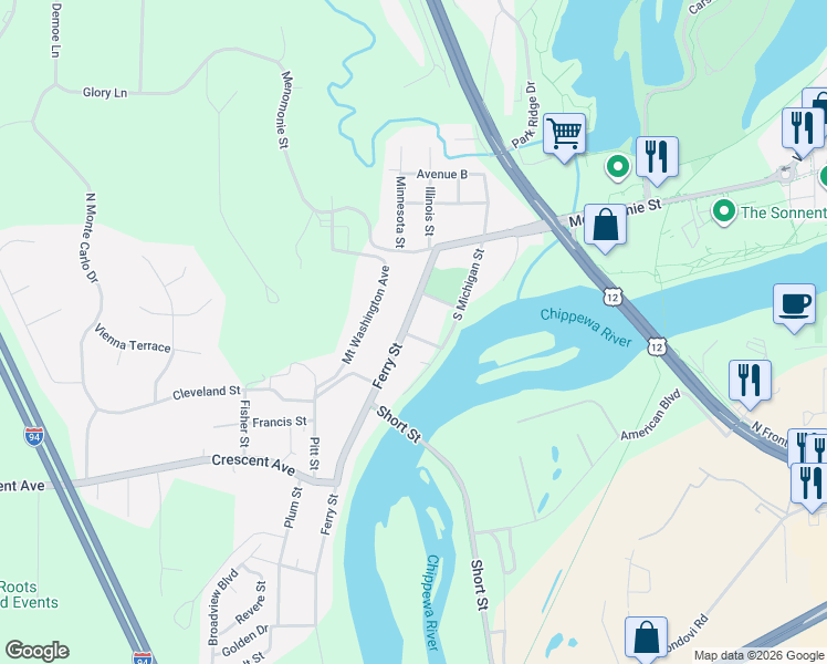 map of restaurants, bars, coffee shops, grocery stores, and more near 216 Ferry Street in Eau Claire