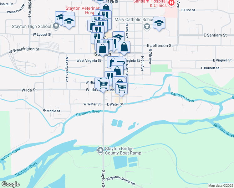 map of restaurants, bars, coffee shops, grocery stores, and more near 370 North 2nd Avenue in Stayton