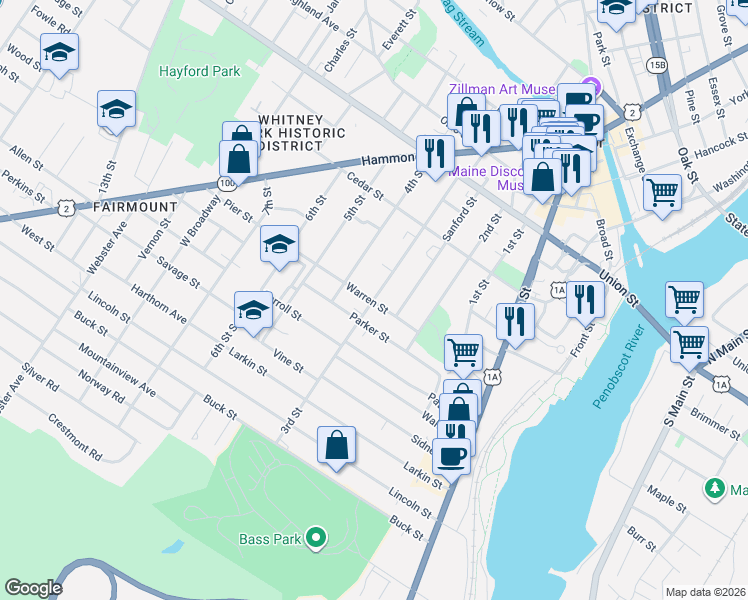map of restaurants, bars, coffee shops, grocery stores, and more near 105 3rd Street in Bangor