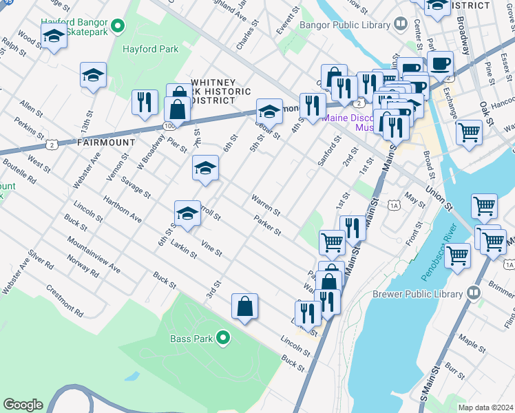 map of restaurants, bars, coffee shops, grocery stores, and more near 120 4th Street in Bangor